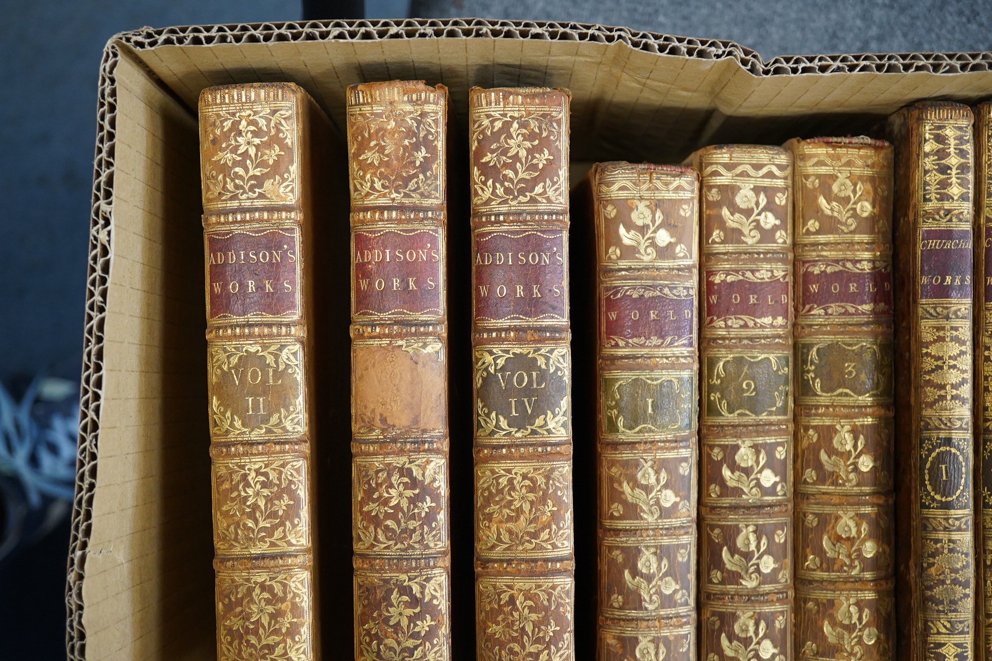 Bindings - Addison, John - The Miscellaneous Works, 4 vols, 8vo, calf, 1765; Fitz-Adam, Adam - The World, 3 vols, 12mo, calf, 1774; Churchill, C - 4 vols, 5th edition, 8vo, tree calf, 1774; Davies, Thomas - Memoirs of th